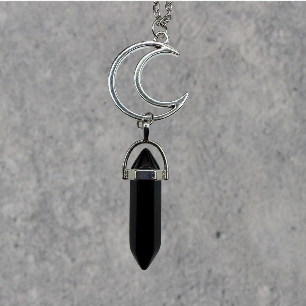 Crescent Moon with Onyx Silver Necklace Boho Fairycore Vintage